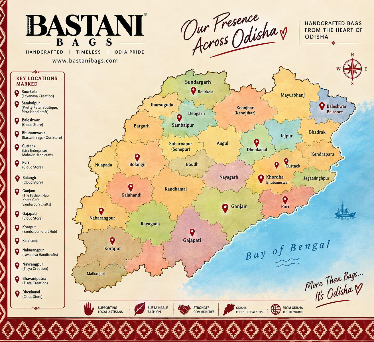 Bastani Bags — Our Presence Across Odisha. Map showing all partner store locations across 12 districts.